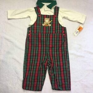 Sears  Plaid Overalls Set Baby Boys 6m Red Green NWT Vintage